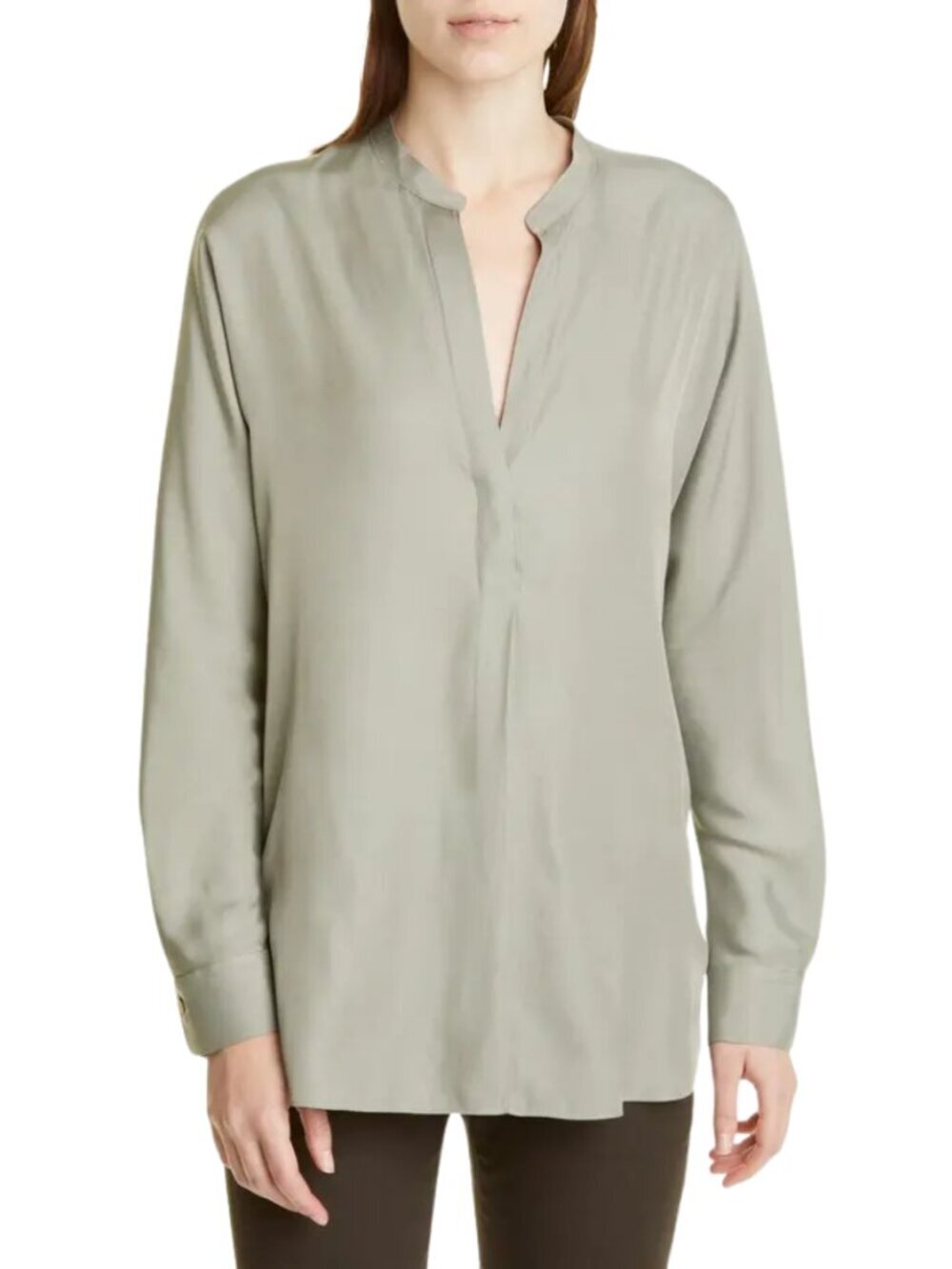 Vince Split Neck Silk Blend Tunic Blouse Top Women's Small Moss Green Satin Chic
